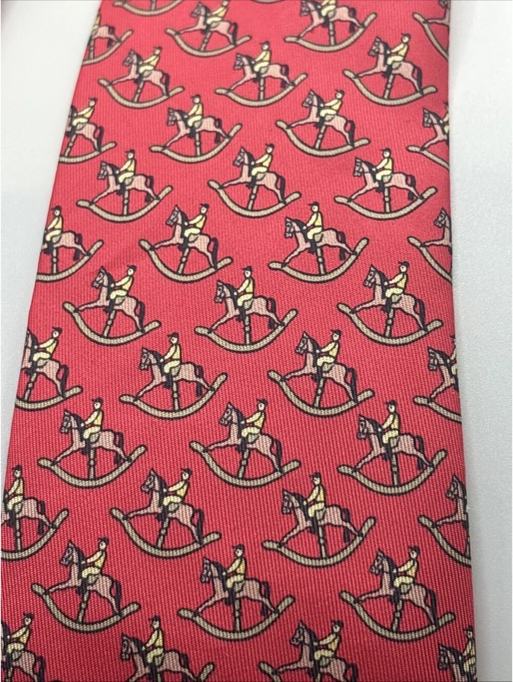 Hermes Red Tie Rocking Horse Scarf Print Made In France Authentic Vintage 7373